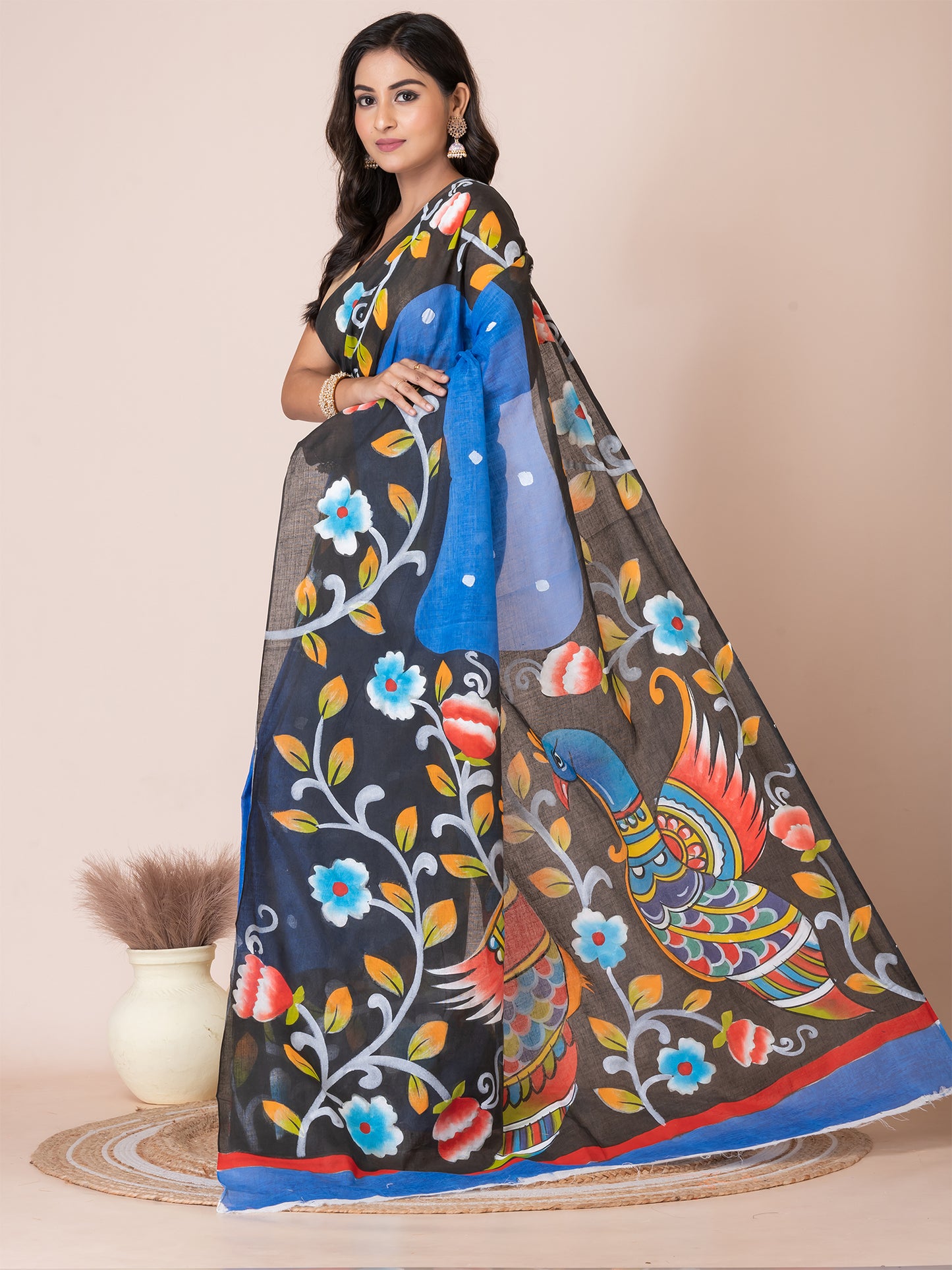ITARA Blue & Multi Kalamkari Peacock Design Cotton Hand-Painted Saree