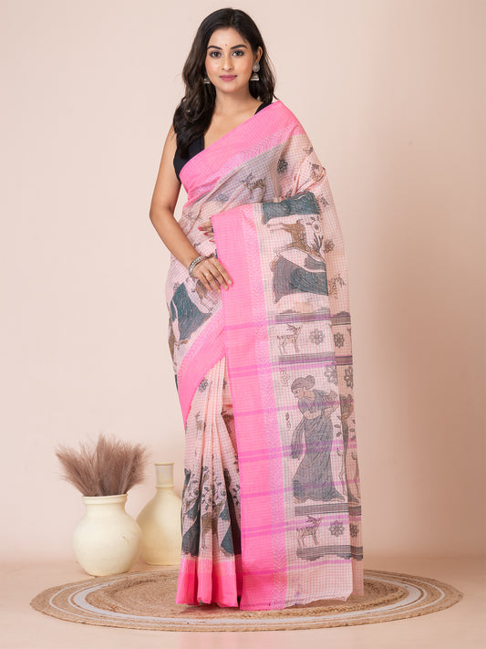 ITARA Pink Pure Cotton Shakuntala Print Taant Saree