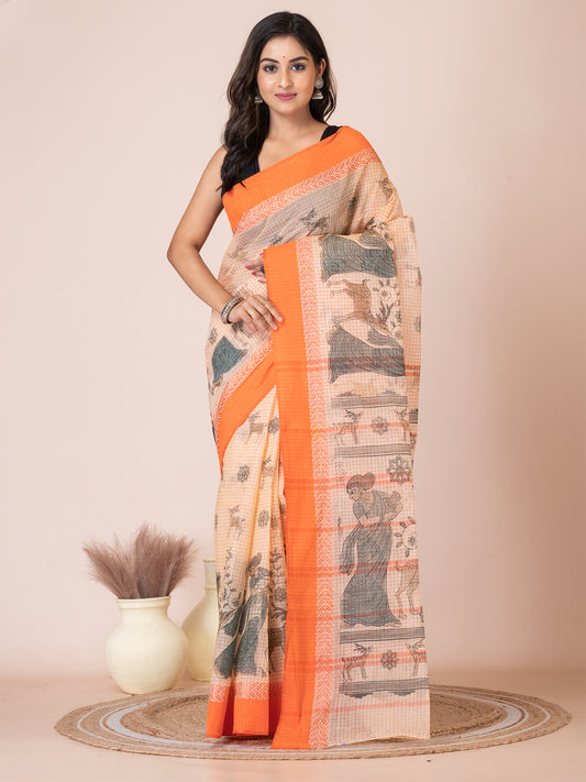 ITARA Orange pure cotton Shakuntala Print Taant saree