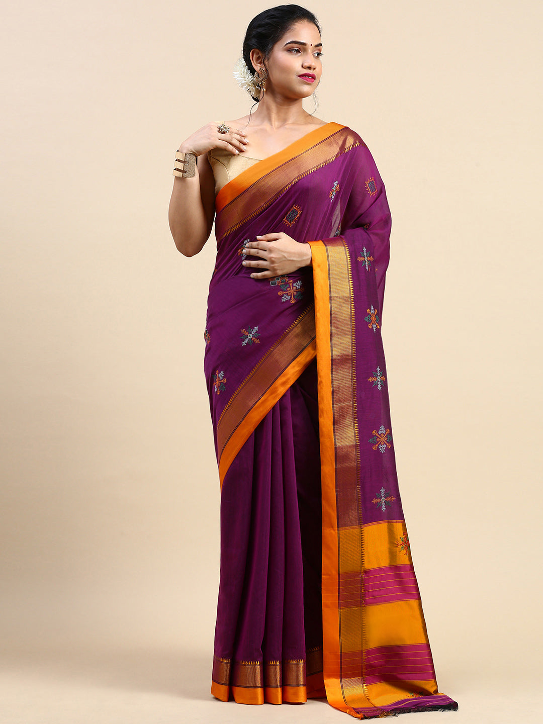 Kasuti Work Handloom Cotton Blend Saree in Purple