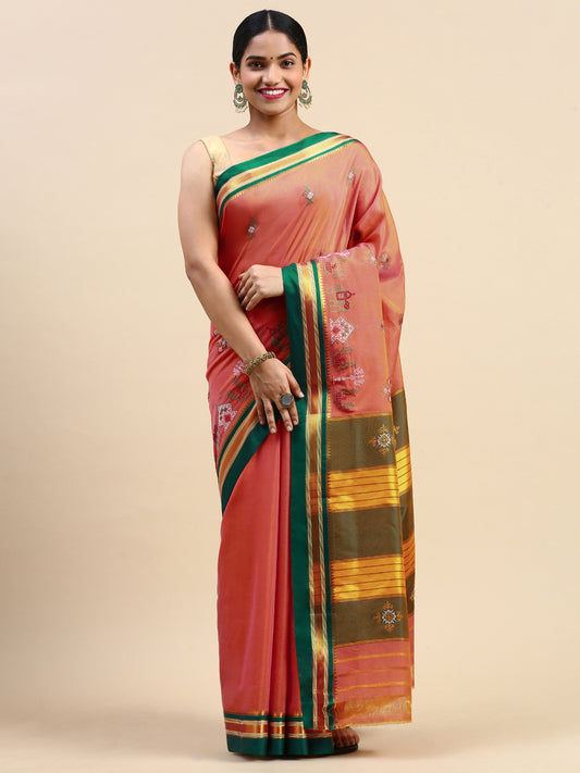 Kasuti Work Handloom Cotton Blend Saree in Orange