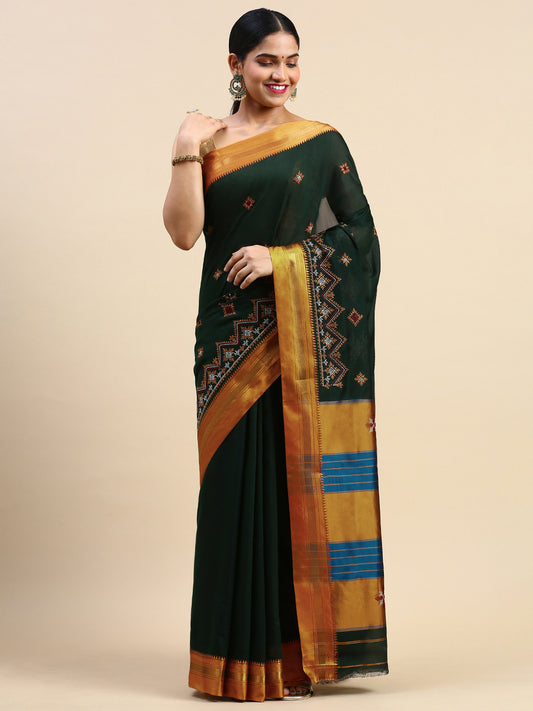 Kasuti Work Handloom Cotton Blend Saree in Dark Green