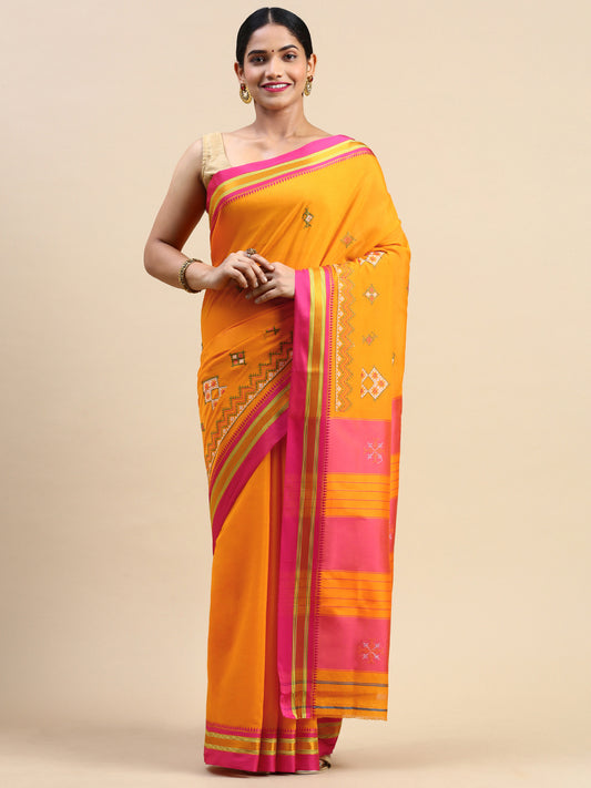 Kasuti Work Handloom Cotton Blend Saree in Mustard with Pink & Gold Border