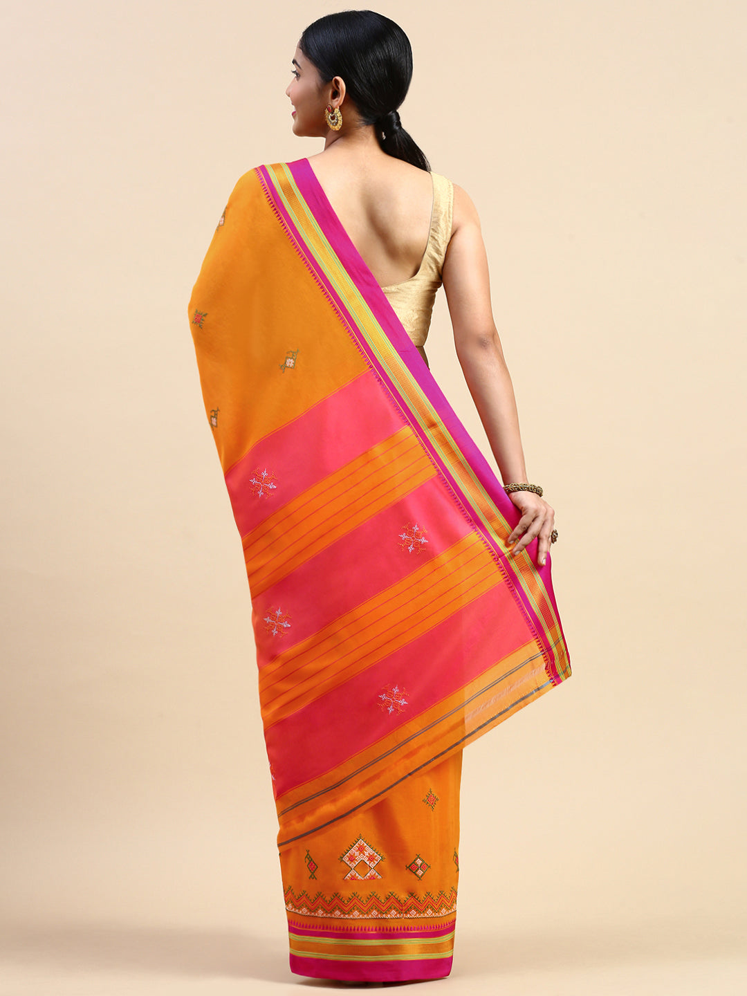 Kasuti Work Handloom Cotton Blend Saree in Mustard with Pink & Gold Border