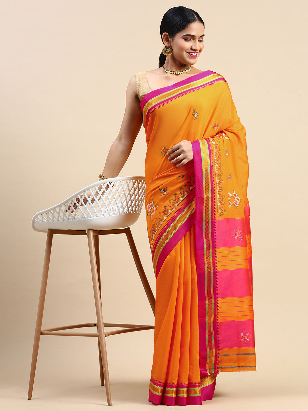 Kasuti Work Handloom Cotton Blend Saree in Mustard with Pink & Gold Border