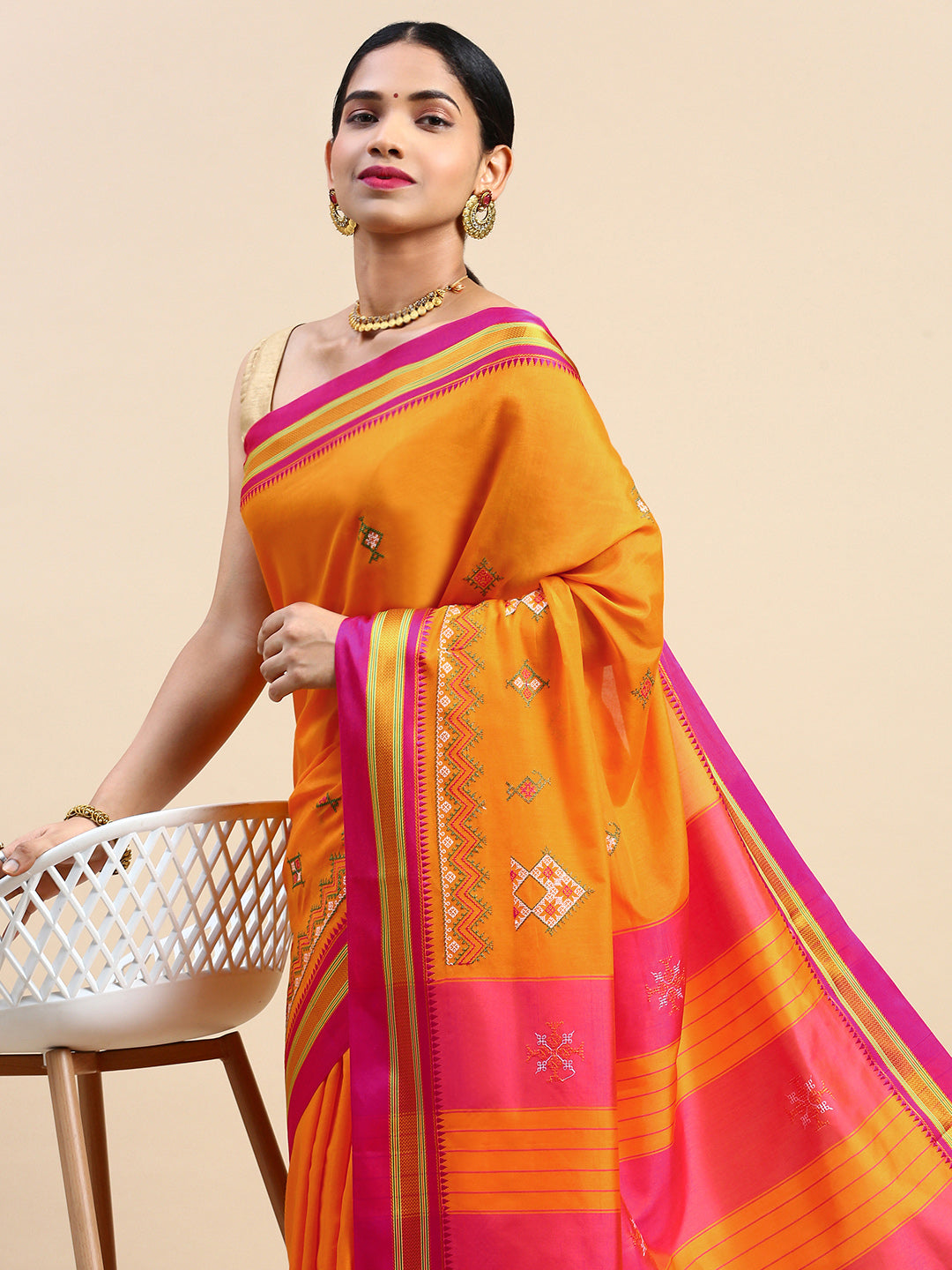 Kasuti Work Handloom Cotton Blend Saree in Mustard with Pink & Gold Border