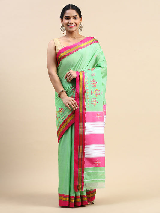 Kasuti Work Handloom Cotton Blend Saree in Light Green With Pink Border