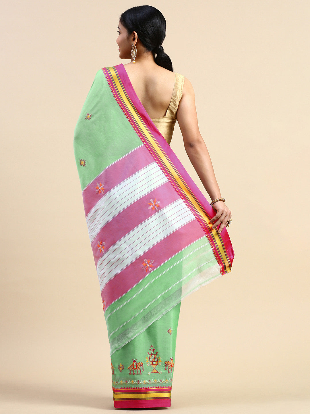 Kasuti Work Handloom Cotton Blend Saree in Light Green With Pink Border