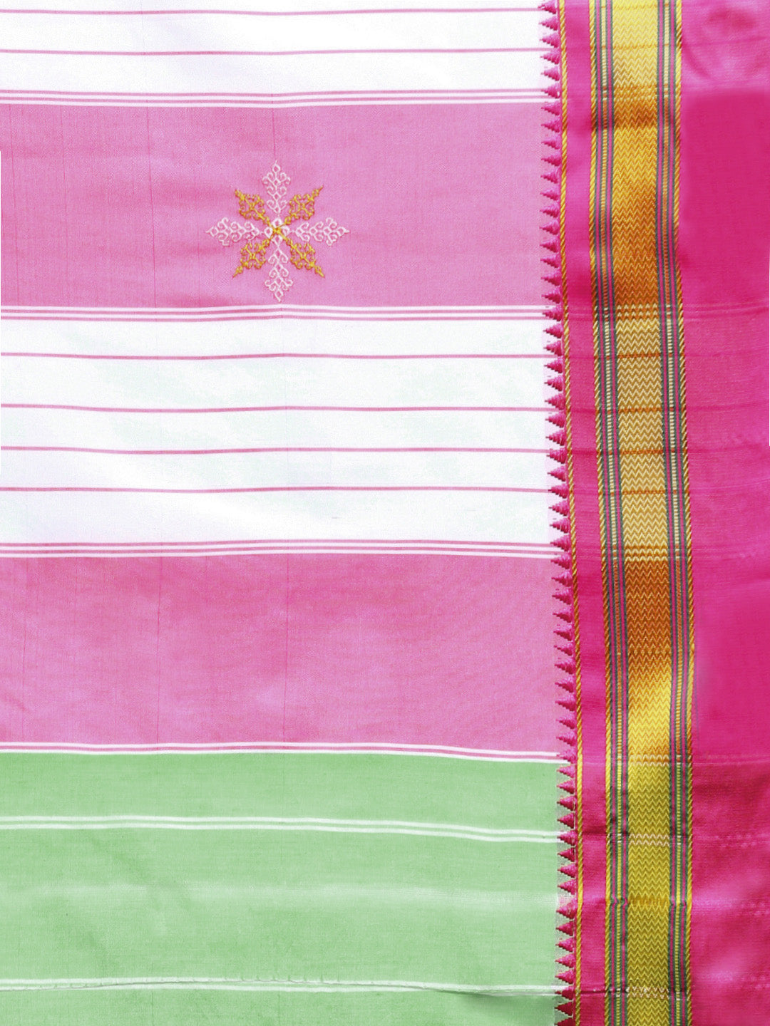 Kasuti Work Handloom Cotton Blend Saree in Light Green With Pink Border