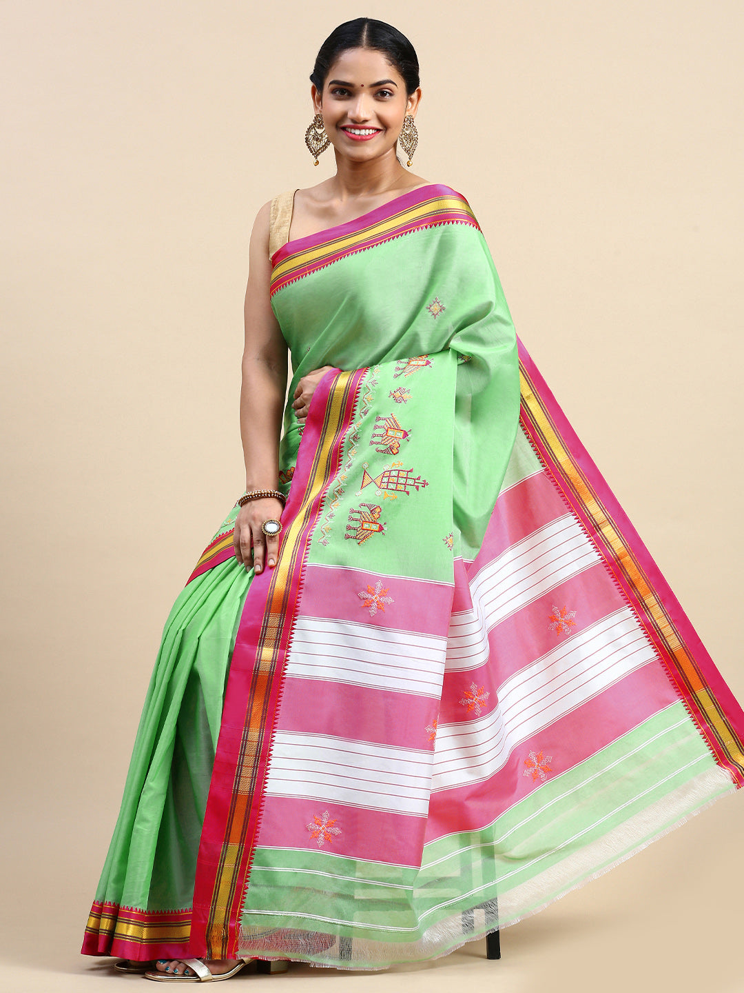 Kasuti Work Handloom Cotton Blend Saree in Light Green With Pink Border