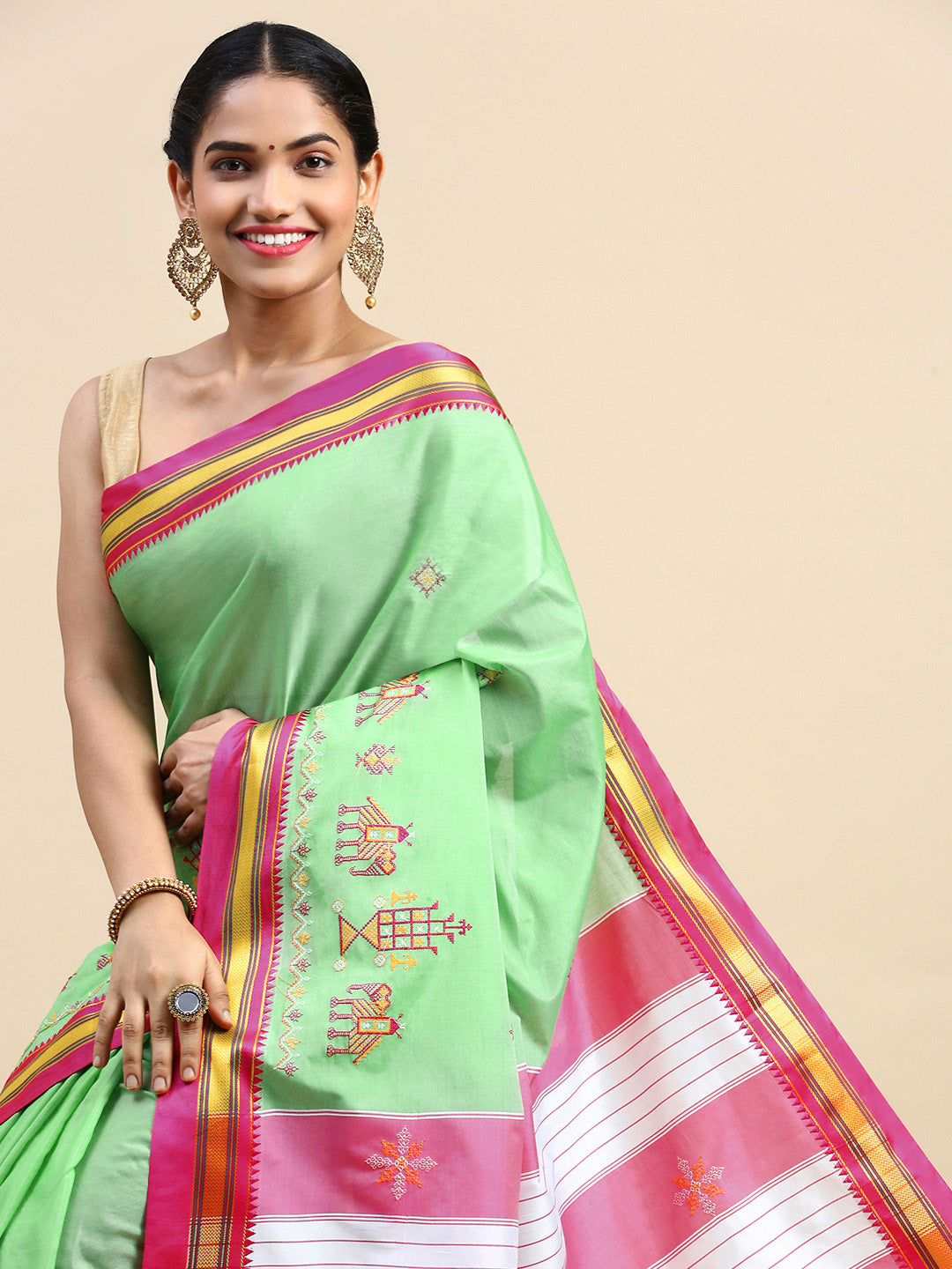 Kasuti Work Handloom Cotton Blend Saree in Light Green With Pink Border