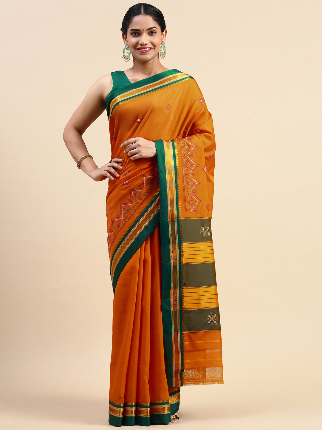 Kasuti Work Handloom Cotton Blend Saree in Orange With Dark Green Border